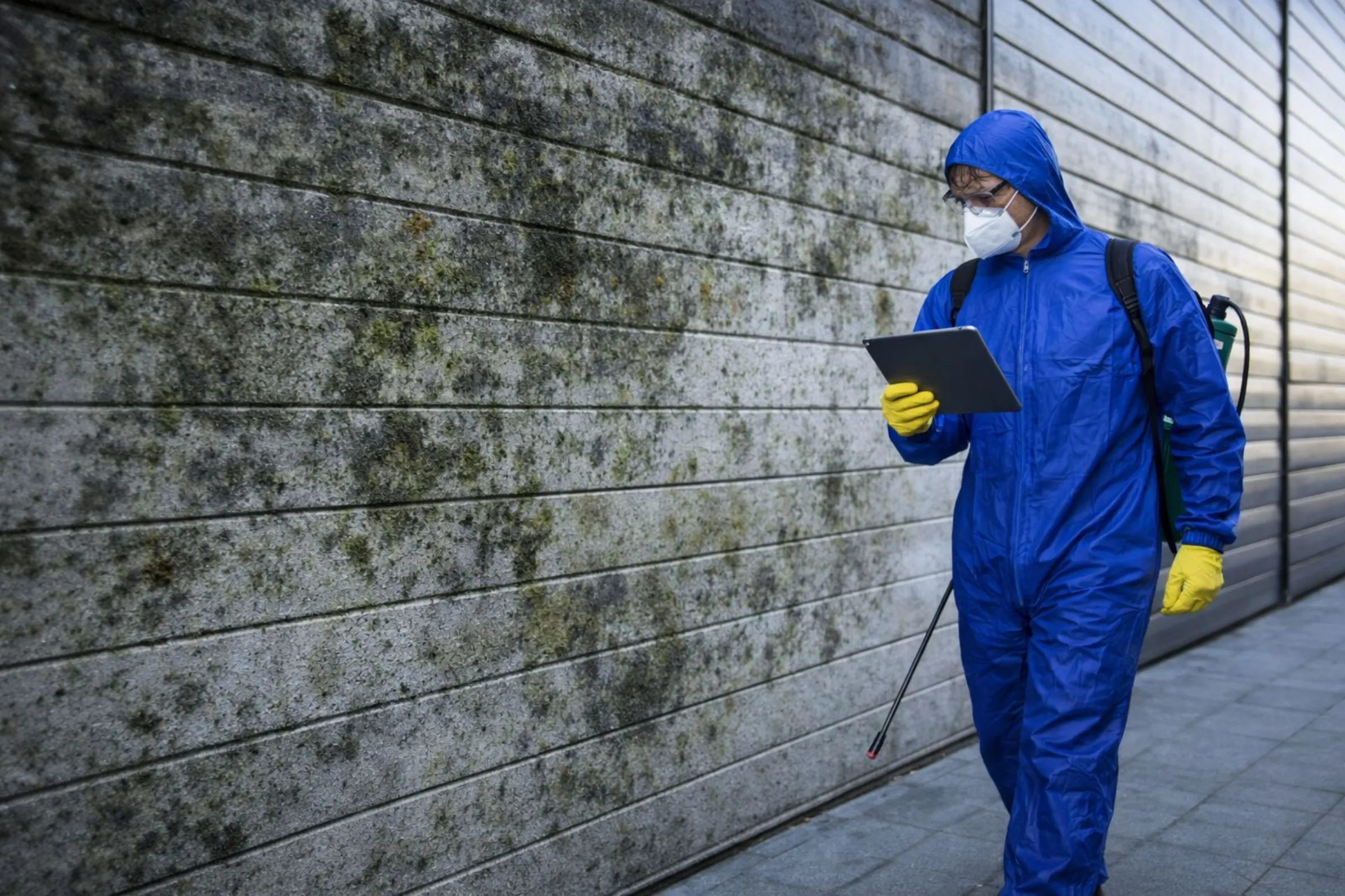 Professional pest specialist using a digital tablet to record inspection findings against an exterior wall.