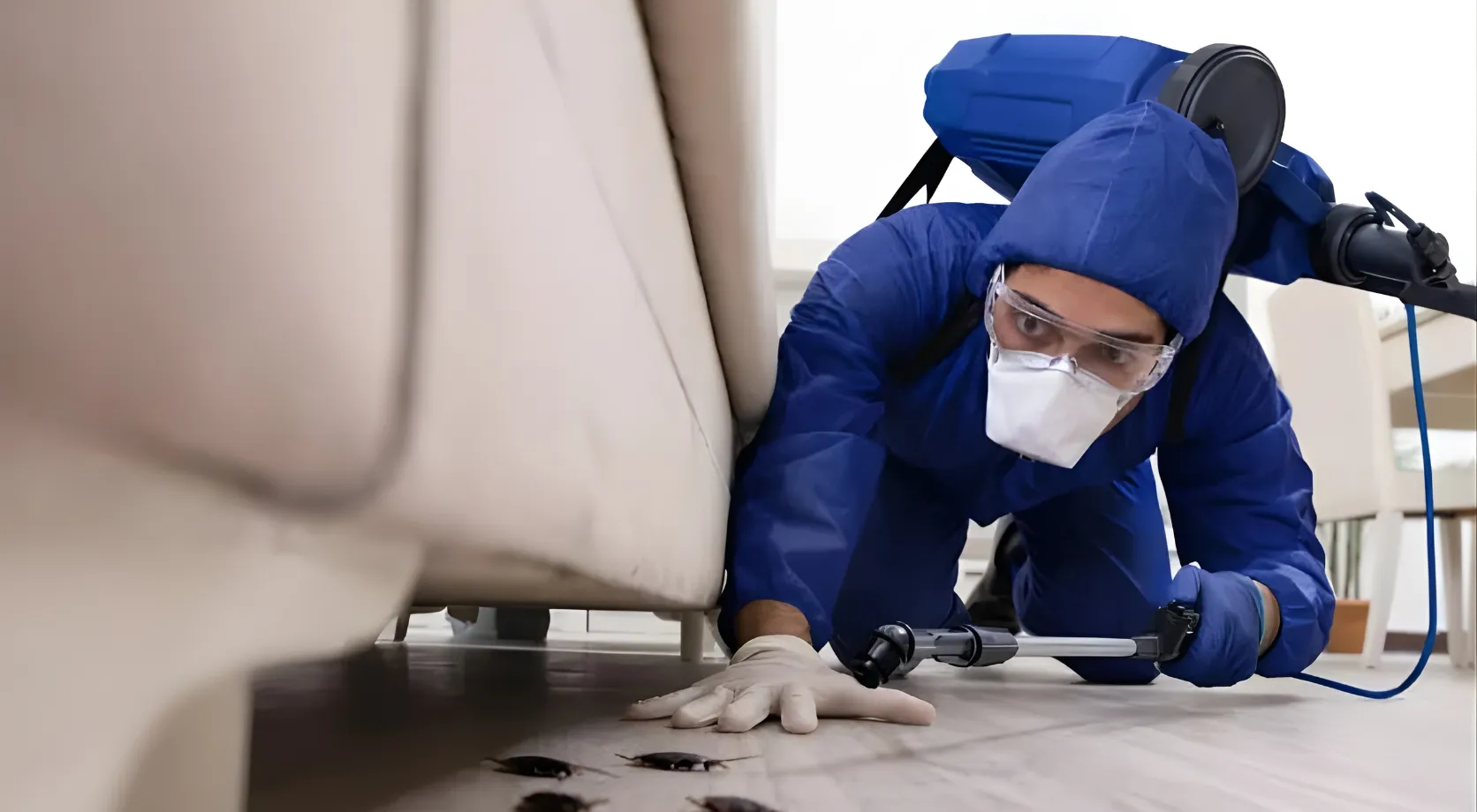 Certified pest control technician from Bye Bye Bugs LA performing a detailed inspection and treatment under furniture to eliminate cockroaches in a residential home.