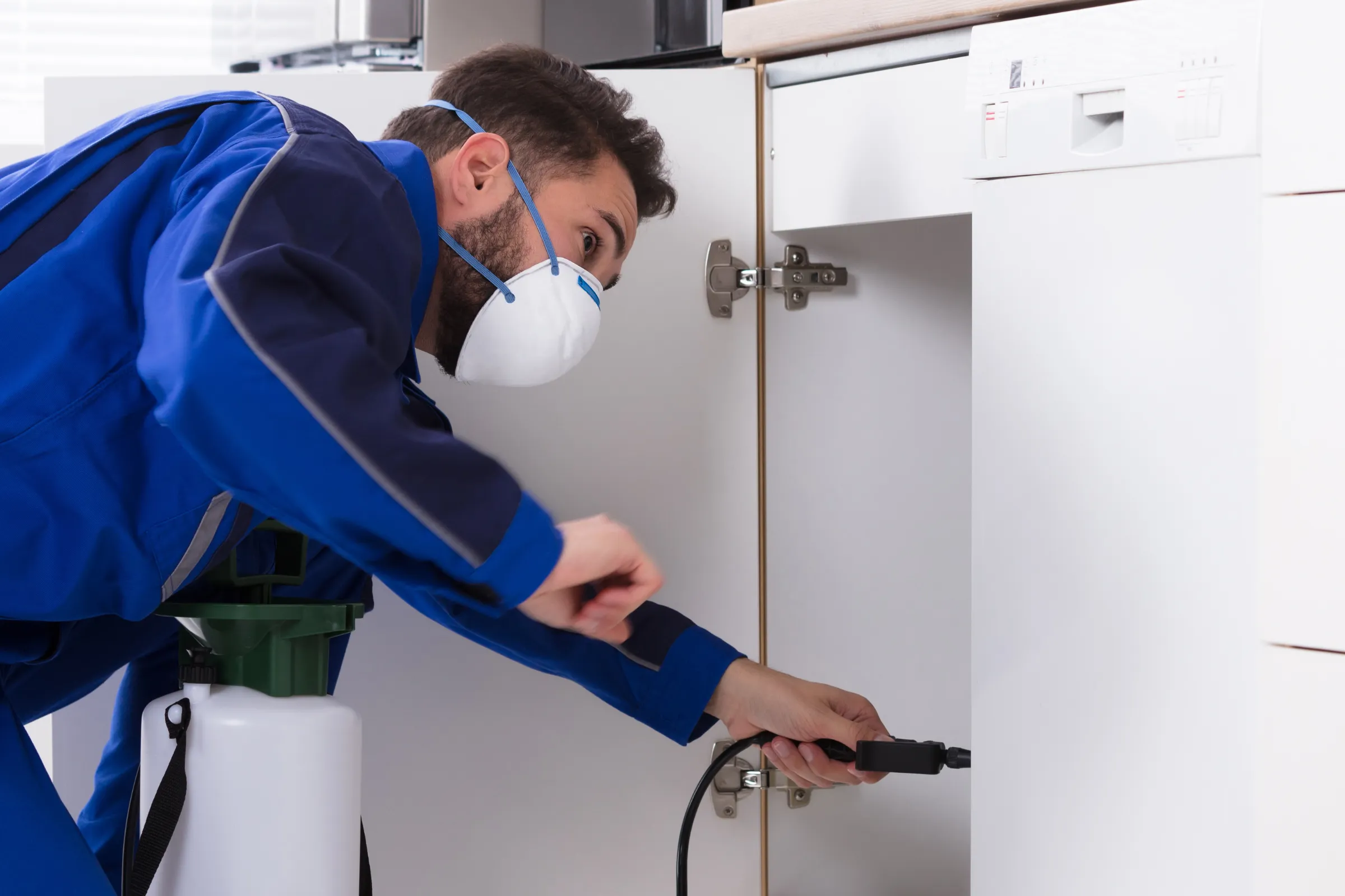 Professional Bye Bye Bugs LA technician performing residential pest protection in a clean Los Angeles kitchen, ensuring a safe and pest-free home environment.