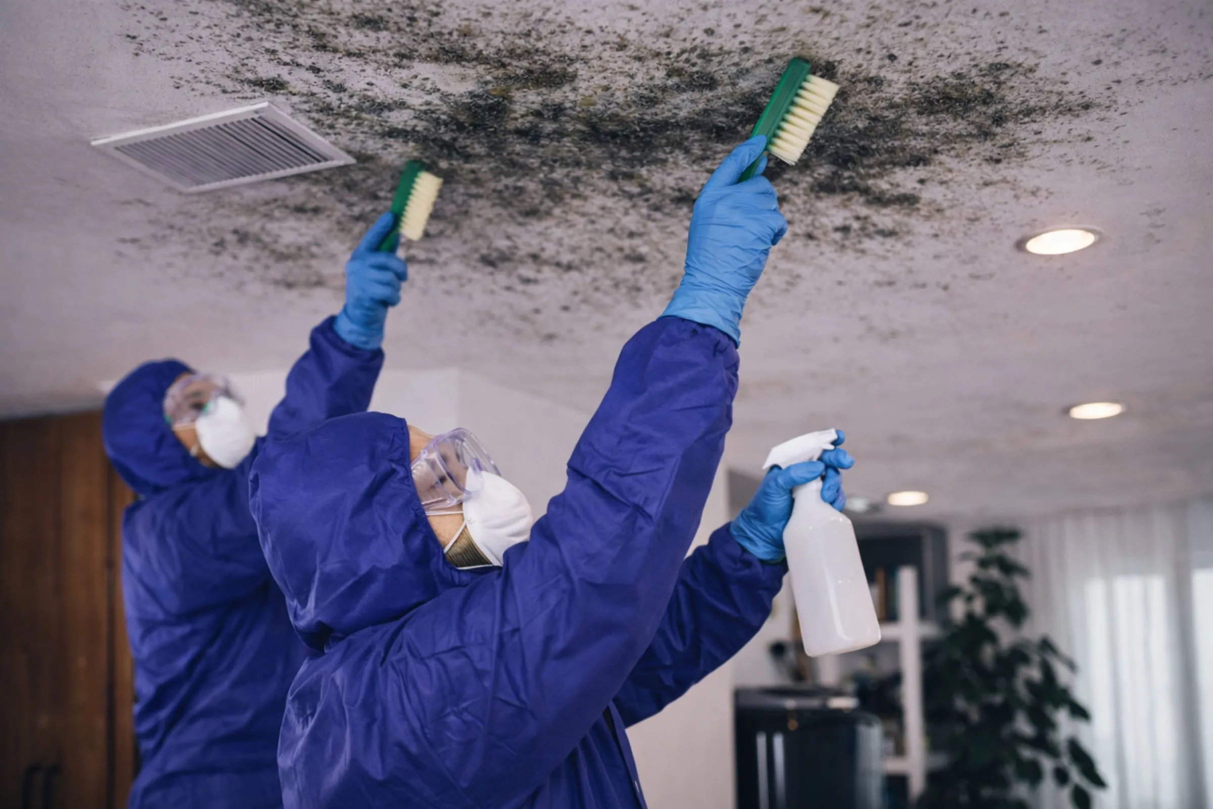 Professional technicians cleaning and disinfecting mold from a wooden wall surface using specialized brushes and sanitizing spray.