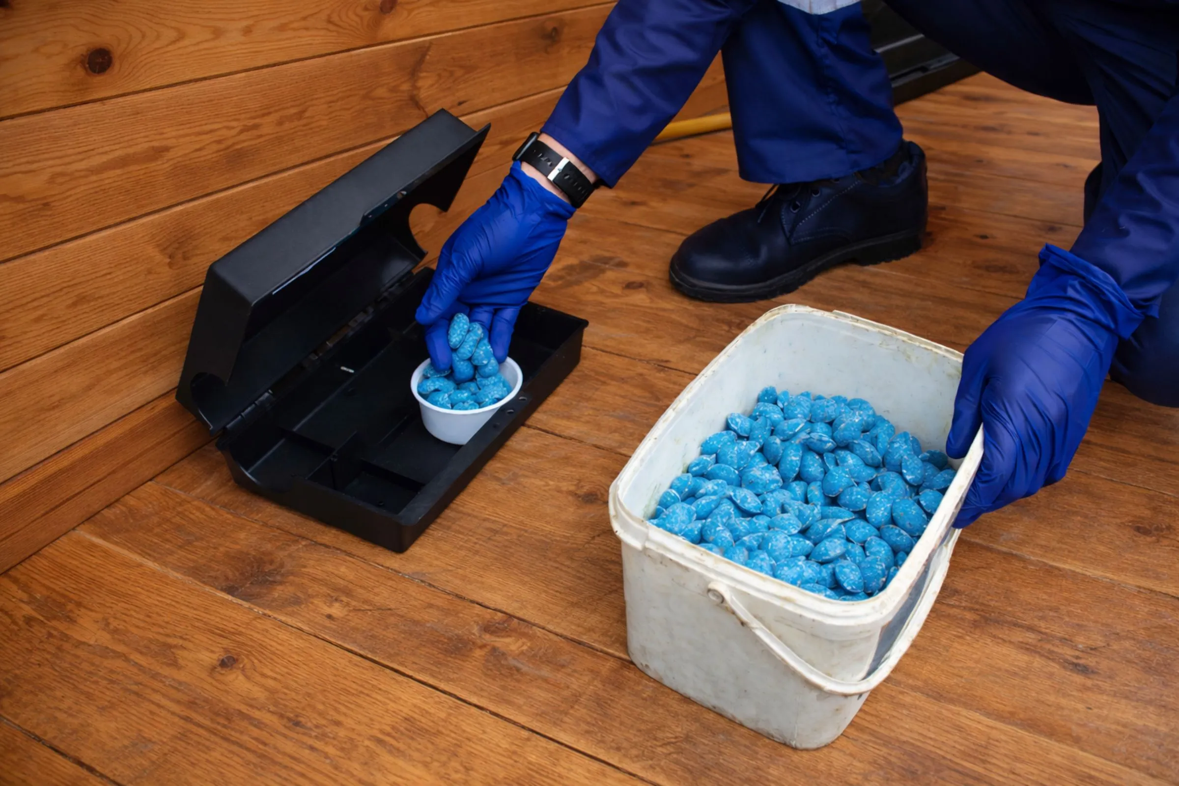 A professional technician maintaining a secure rodent bait station near a building foundation.